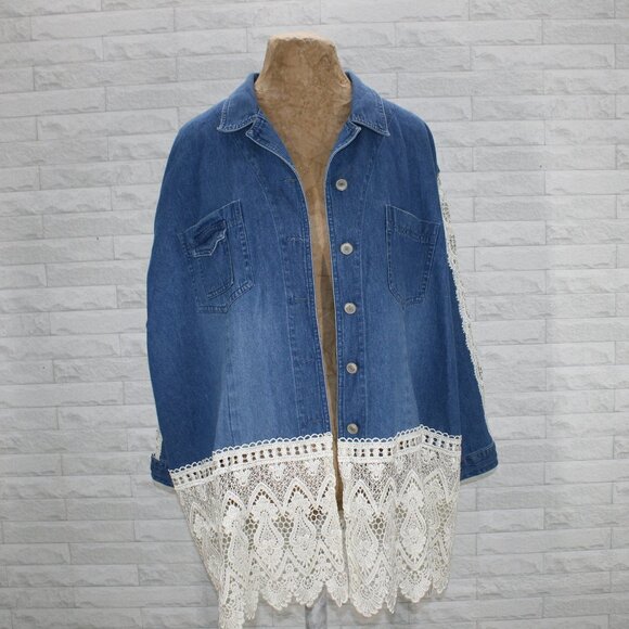 HAND CRAFTED Jacket Denim Blue Jean Upcycled Floral Vintage Cream Lace 2X - Picture 4 of 14